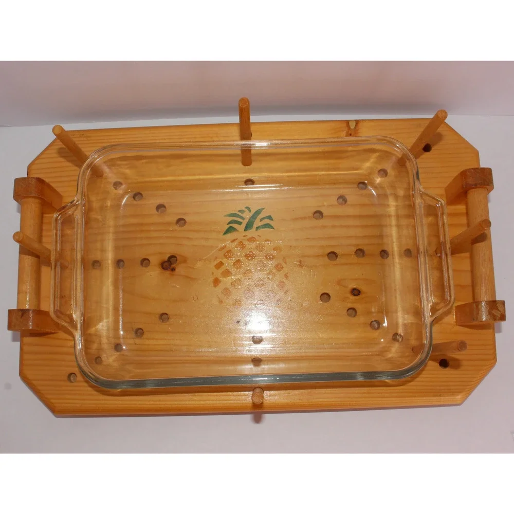 Vintage Adjustable Wooden Casserole Carrier Rack with Stenciled Pineapple